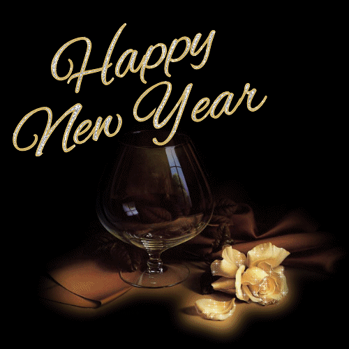 Новогодние открытки. Новогодняя открытка анимашка. На чёрном фоне коньячный бокал, мерцающая чайная роза и блестящая серебряно-золотая надпись надпись Happy New Year!
