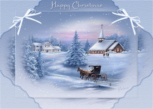 Новогодние открытки. Предзакатное розово-голубое небо, мерцающий снег, в лучах заходящего солнца. И на этом восхитительном зимнем фоне деревушка, сельская церковь и экипаж, запряжённый лошадьми.