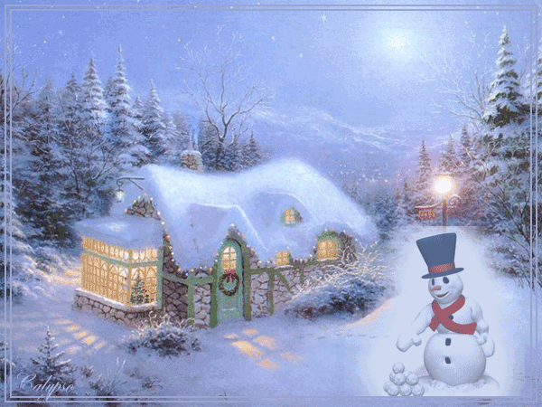 Новогодние открытки. Замечательная анимированная новогодняя открытка. Красивейший домик, в который так и хочется переехать, украшен для встречи Нового года, и сияет огнями, как новогодняя ёлка. А анимированный снеговик на переднем плане задорно бросается снежками.