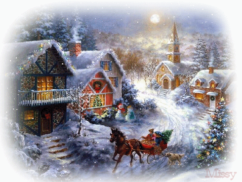 Новогодние открытки. Классическая анимированная нарядная рождественская открытка. Волшебная рождественская ночь, небольшой городок встречает Рождество. Дружелюбно горят огни в окнах домов, а по улице на санях мчится парочка, везущая домой красивую ёлку, а рядом с повозкой с радостным лаем бежит собака.