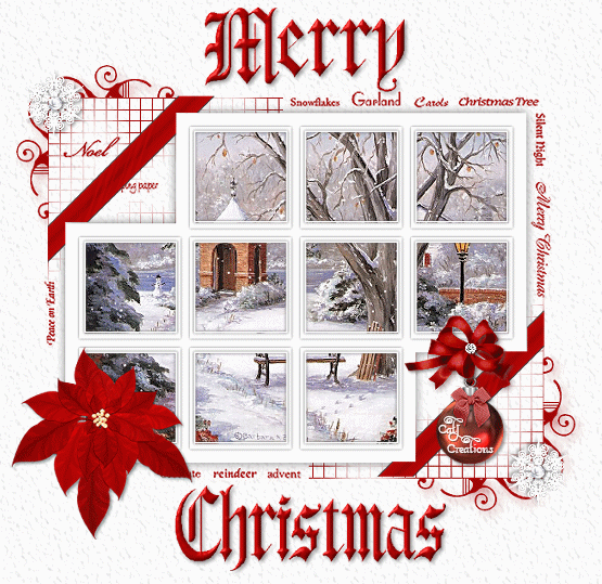 Новогодние открытки. Рождественская открытка в красно-белой цветовой гамме. За окном небольшая часовня и заснеженный сад, тихо падает снег. А само окно украшено снежинками, алыми лентами, ёлочными украшениями и цветами рождественской звезды.