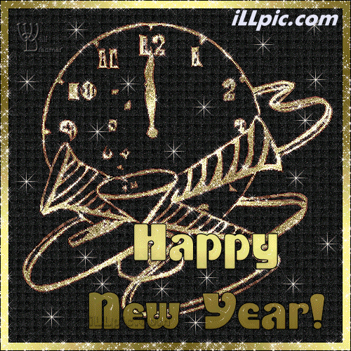 Новогодние открытки. Замечательная анимированная новогодняя открытка в стиле диско. На чёрно-золотом фоне, обрамлённом мерцающей золотой рамочкой нарисованы золотые часы бьют двенадцать, и золотыми буквами выложено пожелание счастливого Нового года. Замечательная открытка для тех, кто ценит элегантную простоту на вес золота.