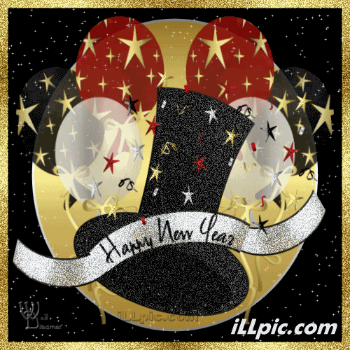 Новогодние открытки. Магическая анимированная новогодняя открытка на чёрном фоне, окаймлённая золотистой мерцающей рамочкой. В новогоднюю ночь так хочется верить в волшебство и магию, и для всех поклонников магии эта новогодняя открытка. На ней изображена шляпа фокусника, множество воздушных шариков и поздравительная надпись Happy New Year!