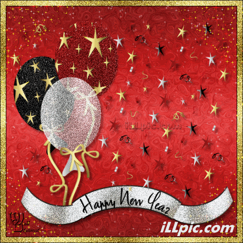 Новогодние открытки. Яркая и броская анимированная новогодняя открытка. На красном фоне с золотыми блестящими звёздочками мерцают и переливаются разноцветные красочные шарики. А блестящая надпись на струящейся блёстками ленте поздравляет всех с Новым годом!