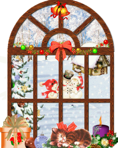Новогодние открытки. Рисованная анимированная новогодняя открытка, которая порадует людей всех возрастов. На подоконнике среди новогодних игрушек и украшений спит хорошенький маленький котёночек, а за окном тихо падает снег, стоит наряженная ёлка и парочка влюблённых снеговиков.