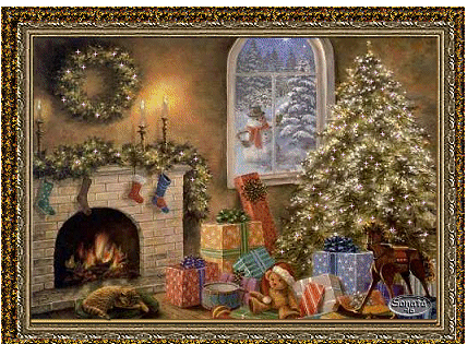 Новогодние открытки. Очень уютная новогодняя открытка. За окном темно и лишь снеговик стоит под ёлкой. А в комнате у камина греется кот, а под красиво украшенной ёлкой много подарков!