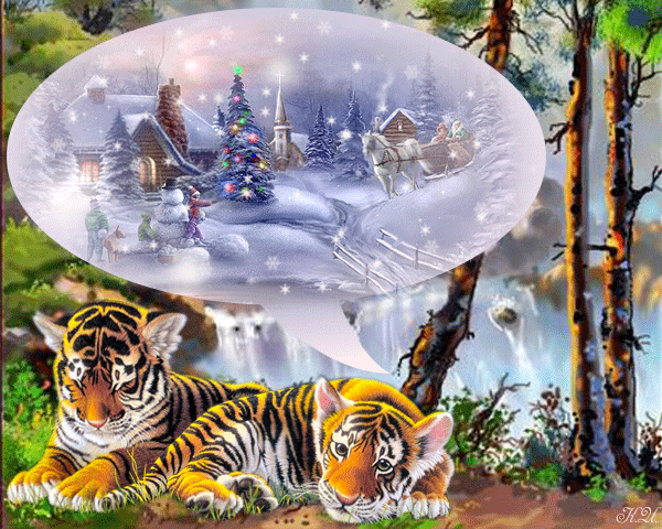 Новогодние открытки. Оригинальная поздравительная новогодняя открытка с элементами анимации. Два тигрёнка грустно вздыхают и мечтают оказаться в заснеженном зимнем пейзаже, где таинственно мерцает снег, а детишки лепят снеговика возле уличной новогодней ёлки, украшенной жителями небольшой деревушки.