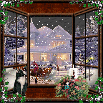 Новогодние открытки. Шикарный белый особняк, заснеженный зимний лес, сани запряжённые лошадьми и снегопад... Всё это видит пушисто-чёрно белая кошка, которая сидит на подоконнике в доме напротив, среди новогодних украшений.