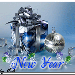Новогодние открытки. Небольшая поздравительная новогодняя открытка с анимацией. На серо-голубом фоне стоит роскошный подарок, а вокруг него лежат разные украшения и ёлочная игрушка. Эта новогодняя открытка станет прекрасным дополнением к электронному поздравлению с Новым годом.