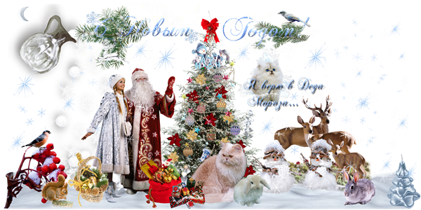 Новогодние открытки. Очень трогательная новогодняя открытка, которая сделана в виде фото-коллажа. На белом фоне ярко светят голубые звёзды и снежинки, а возле шикарной новогодней ёлки дедушка Мороз вместе со своей внучкой Снегурочкой смотрят куда-то в небо. Вокруг них много новогодних подарков  и разных животных – это и кошки, и зайки, и даже семейство оленей. Рядом летают птички, и стоят два чудесных снеговика.