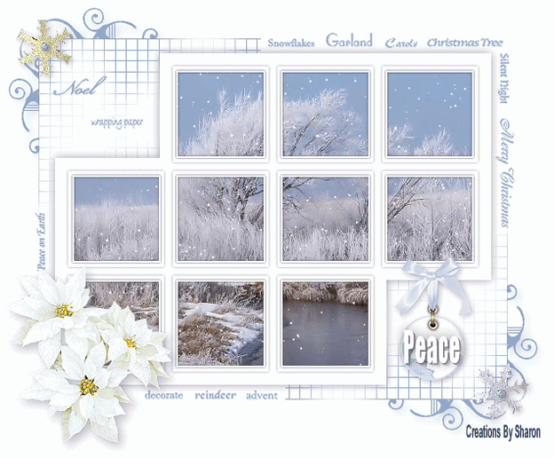 Новогодние открытки. Рождественская открытка в бело-голубой гамме. Зимний пейзаж за окном - деревья и река, идёт снег. Окно украшено рождественской звездой, ёлочными украшениями.