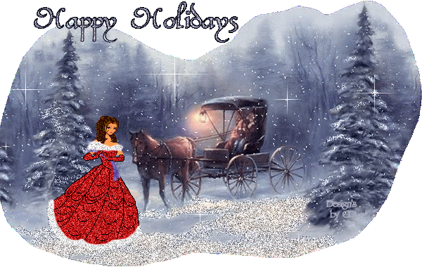 Новогодние открытки. Восхитительно-нежная рождественская открытка с элементами анимации. На фоне снежного леса девушка в роскошном красном платье спешит к своей карете. Эта рождественская открытка понравится абсолютно всем дамам.