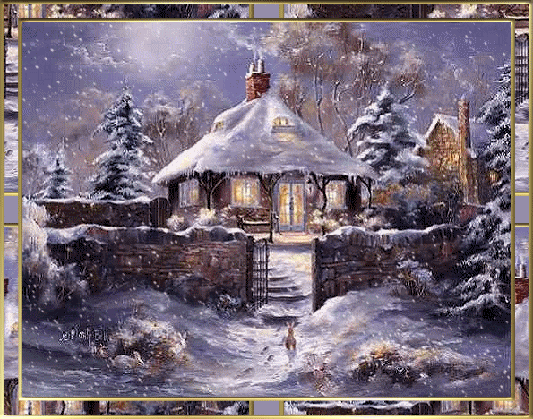 Новогодние открытки. Зимний пейзаж, одинокий дом со светящимися окнами, снегопад и зайчата, которым хочется заглянуть в окно! Отличная новогодняя открытка.