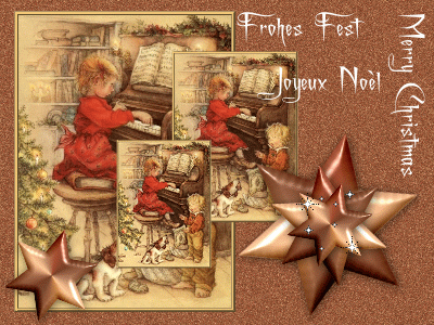 Новогодние открытки. По-настоящему стильная рождественская открытка с элементами анимации. Рядом с нарядной красавицей-ёлкой стоит пианино, на котором сосредоточенно играет маленькая девочка, а маленький мальчик и собака подпевают ей. Трогательная милая семейная картинка счастливого Рождества