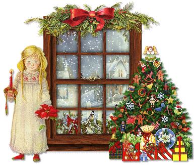 Новогодние открытки. Восхитительная небольшая анимированная новогодняя открытка. Маленькая девочка прокралась в комнату с подарками со свечой в руке. В комнате наряжена волшебная ёлка, под которой уже лежат подарки, принесённые дедушкой Морозом, а за окошком – чудесный вид на припорошенный снегом городок