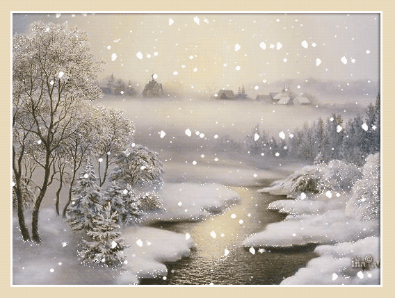 Новогодние открытки. Новогодняя открытка для тех, кто любит зимнюю природу. Вдали виднеется деревушка, а на переднем плане открытки - незамёрзшая река с заснеженными берегами, зимние деревья. Идёт снег и настроение открытка создаёт самое, что ни на есть новогоднее.