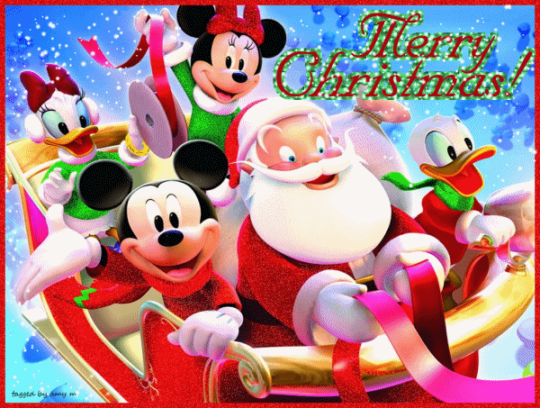 Новогодние открытки. Мультяшная анимированная рождественская открытка «Merry Christmas» со всеми любимыми мультипликационными героями. Здесь и мышата из Микки Мауса, и утята из Дональда Дака, и, конечно же, сам Санта-Клаус. Вместе они несутся навстречу Рождеству и приключениям