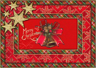 Новогодние открытки. Красивая анимированная рождественская открытка, выполненная в красных тонах. Замечательная рамочка с праздничными звёздочками обрамляет пожелания «Merry Christmas» и рождественские колокольчики, которые так красиво сверкают и переливаются. 