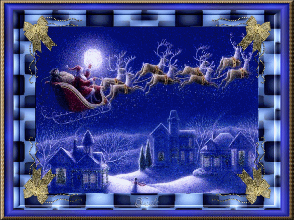 Новогодние открытки. Сказочная анимированная новогодняя открытка, которая даёт нам всем возможность осуществить детскую мечту и увидеть, как дедушка Мороз летит по небу в своих волшебных санях, запряжённых восьмёркой прекрасных оленей. Сама новогодняя открытка выполнена в тёмно-синих тонах с мерцающими блёстками и видом на ночной городок, покрытый сверкающим снегом. 