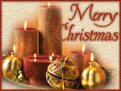 Новогодние открытки. Золотисто-красная рождественская открытка. Золотые ёлочные шары, красные и золотистые мерцающие свечи.