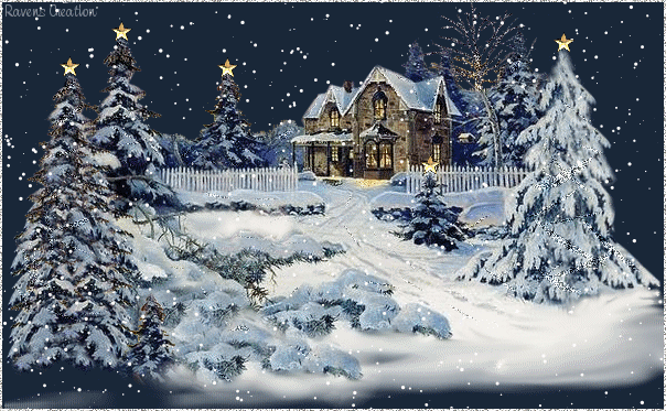 Новогодние открытки. Красивая анимированная новогодняя открытка на тёмно-синем фоне. Вдалеке, за белым заборчиком, чудесный каменный дом, в котором встречают Новый год. Подъездная аллея  пуста – все гости уже собрались. Тихо на землю летит пушистый снег, и природа дышит тишиной и покоем. Счастливого Вам Нового года! 