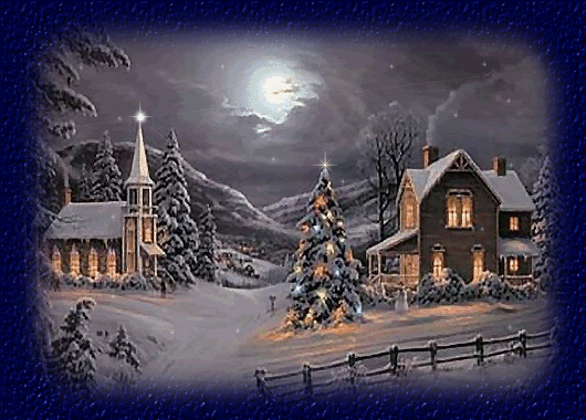 Новогодние открытки. Чудесная анимированная новогодняя открытка с видом на ночной городок. Сложно описать красоту новогодней ночи, когда в домах ярко горят огни, а на облачном небе восходит яркая луна. Свет от окон заставляет искриться снег, покрывающий землю, а крупные снежинки мерцают в темноте. И глядя на эту новогоднюю открытку, так хочется, чтобы поскорее наступил Новый год.