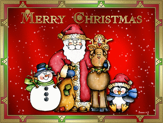 Новогодние открытки. Замечательная анимированная открытка к Рождеству. Эта рождественская открытка с надписью «Merry Christmas» обязательно придётся Вам по нраву. Золотая рамка обрамляет бархатный красный фон, на котором сидит Санта-Клаус, снеговичок, олень и пингвинёнок. Все они рады приходу Рождества и желают Вам «Merry Christmas»!