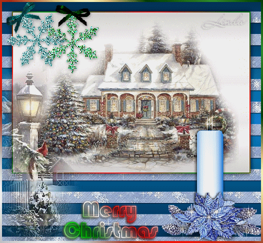 Новогодние открытки. Прекрасный особняк перед которым стоит украшенная ёлка. Картинка окружена сине-голубой рамочкой со снежинками и свечами. Отличная рождественская открытка.