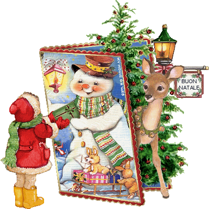 Новогодние открытки. Отличная детская анимированная новогодняя открытка. Здесь из большущей открытки выглядывает оленёнок, который стоит возле ёлки. А нарисованный снеговик тянет с обложки открытки свои снежные лапки, чтобы отдать маленькой девочке новогодний подарок. Замечательная и креативная новогодняя открытка для детей и взрослых. Ведь такую открытку приятно не только получать, но и дарить.