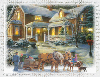 Новогодние открытки. Прекрасная анимированная новогодняя открытка для детей и взрослых. Эта новогодняя открытка представляет идиллическую семейную картинку, когда вся семья возвращается домой, а их встречают радостная собачка и снеговик, а дом приветливо светит огнями из окон, приглашая своих хозяев в дом. С наступающим Вас Новым годом! 