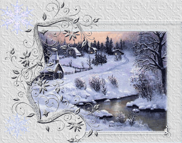 Новогодние открытки. Новогодняя открытка в серо-белой гамме. Зимние пейзаж, деревянные домики на берегу реки и мерцающая рамка со снежинками.