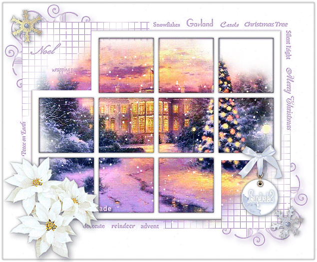 Новогодние открытки. Красивая рождественская открытка с белоснежными цветами, ёлочными шарами и ленточками, а в окне вечерний пейзаж, наряженная ёлка, снег  с розоватыми отблесками.