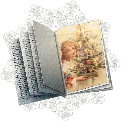 Новогодние открытки. Рождественская открытка с фоном в виде книги на серебряной снежинке. На книге изображена девочка у ёлки, на верхушке которой мерцает звезда.
