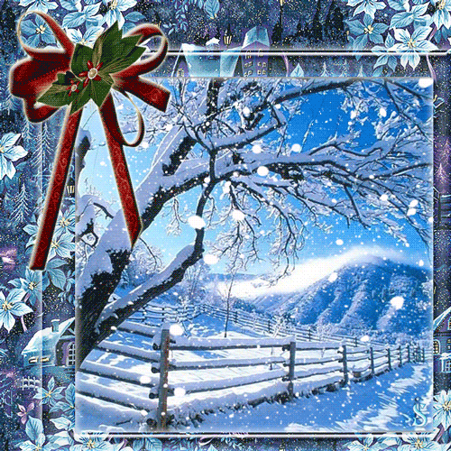Новогодние открытки. Голубой фон, рамочка со снежинками и бело-голубыми цветами пуансетии. В левом верхнем углу листья остролиста. На картинке изображён заснеженный двор и деревья.