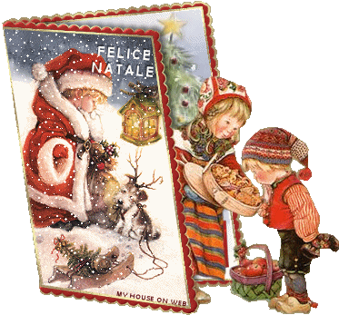 Новогодние открытки. Прикольная новогодняя открытка с детьми, которые изучают новогодние подарки, и малыш в костюме Деда Мороза с собачкой и падает снег. Сама открытка выполнена в форме классической бумажной открытки.