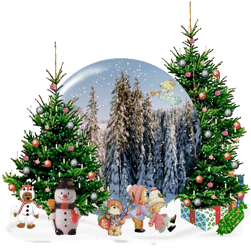 Новогодние открытки. Новогодняя открытка с медвежатами, снеговиком и детьми. А также две нарядные ёлочки и подарки. На дальнем плане зимние ели, запорошенные снегом в шаре.