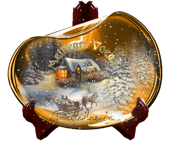 Новогодние открытки. В зимнем лесу стоит домик и к нему подъезжает экипаж.  В доме приветливо горят огни, с неба тихо падает снег.