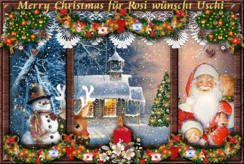 Новогодние открытки. Немецкая рождественская открытка. За окном темно и падает снег. В окно заглядывает Санта, оленёнок и снеговик.  Окно украшено венками из еловых веток, цветов  и ёлочных игрушек, горит красная свеча. А за окном - нарядная ёлка. И поздравления с Рождеством на немецком языке.