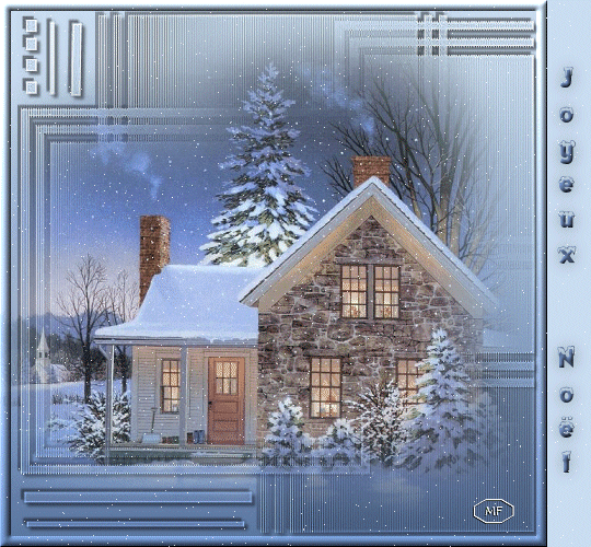 Новогодние открытки. Новогодняя открытка в серо-голубых тонах. Вечерний лес, заснеженный дом и деревья в снегу, тихо падает снег, а в окнах домика горит приветливо свет.