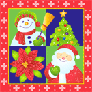Новогодние открытки. Красивая маленькая новогодняя открытка. По краям мигающие снежинки, на открытке - 4 поля с символами Нового года: снеговик, красная пуансетия (рождественская звезда), Дед Мороз и конечно же нарядная ёлка. Цветовая гамма открытки - классические новогодние цвета (красный, зелёный, белый и синий).