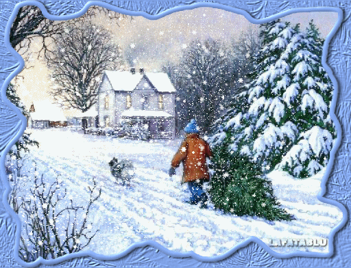 Новогодние открытки. Голубая морозная фигурная рамка обрамляет эту новогоднюю открытку. а открытке изображён мальчик в голубой шапке, который тащит домой пушистую ёлочку, а рядом радостно бежит собачка. Вокруг заснеженные деревья, тихо падает снег, а впереди дом со светящимися окнам.