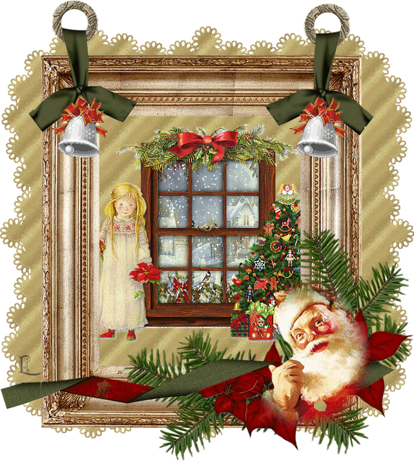 Новогодние открытки. Классическая рождественская открытка. Золотистый фон, зелёные ветки, алые цветы пуансетии. На открытке нарисована маленькая девочка с пуансетией в руках, Санта Клаус, нарядная ёлка, серебряные колокольчик с красным бантом.