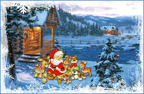 Новогодние открытки. В заснеженном лесу, на берегу незамёрзшей реки сидит Дед Мороз и разные зверушки. А рядом дом, в окнах которого горят огни. На улице вечер, тихо падает снег и у всех настоящее новогоднее настроение. Отличная новогодняя открытка для ребёнка.