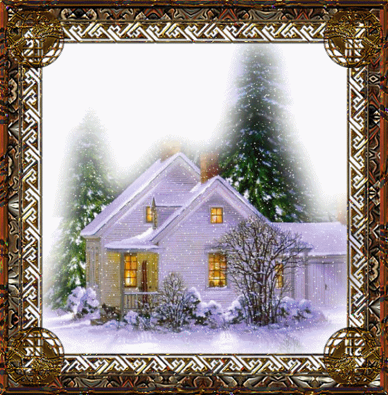 Новогодние открытки.  Прекрасная рождественская анимированная открытка с белоснежным маленьким домиком, через окна которого видны новогодние огоньки наряженной к празднику ёлки. А позади дома огромные заснеженные ёлки и красивый анимированный снежок дополняют картинку.