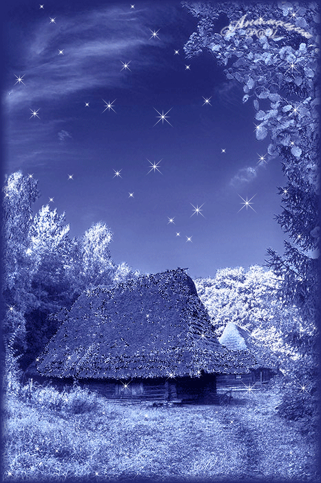 Новогодние открытки. Качественная анимированная новогодняя открытка, на которой на фоне тёмно-синего неба представлен волшебный зимний пейзаж. В обрамлении запорошенных снежком веток деревьев стоят сказочные домики, а сверкающие звёзды как будто оживляют открытку.