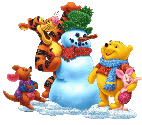 Новогодние открытки. Блестящая новогодняя открытка для детей. Винни и его друзья: Тигруля, Пятачок и крошка РУ в ярких блестящих шарфиках лепят снеговика.