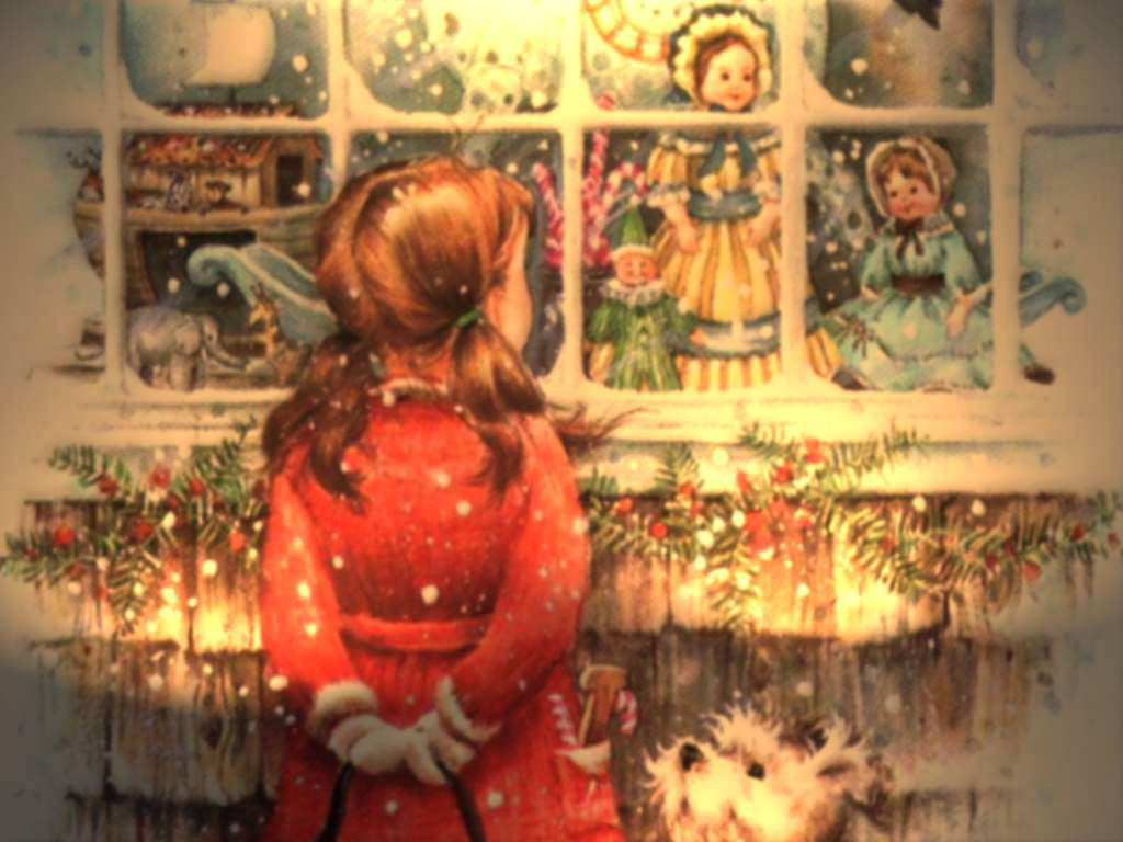 Новогодние открытки. Ностальгическая новогодняя открытка, которая как бы возвращает нас в детство – к той самой витрине с игрушками, у которой мы могли простаивать часами. Вот и здесь маленькая девочка застыла у магазина, разглядывая вожделенную куклу, а белый пёс преданно смотрит на свою маленькую хозяйку, ожидая, когда они смогут продолжить прогулку.