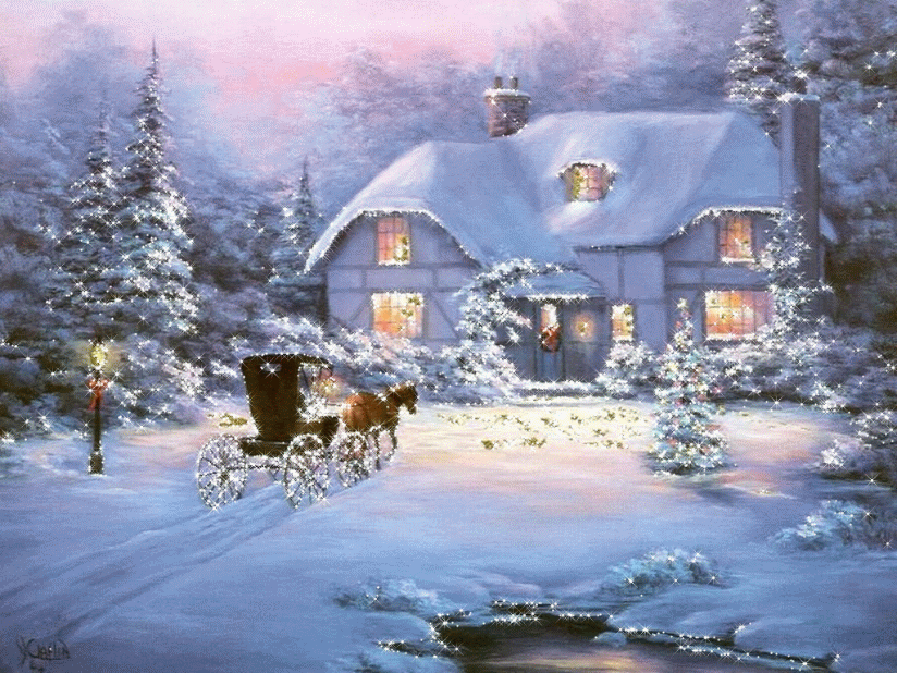 Новогодние открытки. Большая анимированная новогодняя открытка, от которой веет волшебством. Где-то в глубине заснеженного леса стоит сказочный домик. На двери висит рождественский венок, окна украшены новогодними игрушками. К дому приближается карета, с такими долгожданными гостями. И лес, и дом, и карета переливаются волшебными огнями.