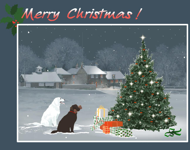 Новогодние открытки. Просто волшебная рождественская открытка на сером фоне. На переднем плане мы видим шикарно-наряженную к Рождеству ёлку, у подножия которой лежит гора подарков. А перед ней сидят две собаки и ждут своих друзей, чтобы встретить Рождество. Вдалеке раскинулся небольшой городок с заснеженными деревьями и звёздным небом. Отличная рождественская открытка для всех, кто ценит этот праздник и встречает Рождество.