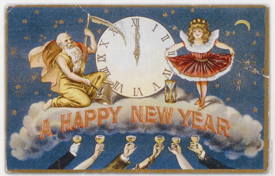 Новогодние открытки. Потрясающая новогодняя открытка большого размера, на которой изображены бог времени Сатурн и рождественский ангелок на стыке старого и Нового года. А снизу к ним тянутся бокалы с шампанским – это люди радуются наступлению Нового года. Отличная новогодняя открытка поможет Вам поздравить с наступающим Новым годом и близких, и коллег. Им обязательно понравится этот знак внимания с Вашей стороны. 
